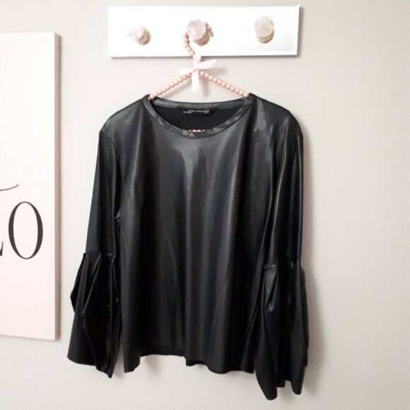 Preloved Zara black faux leather bell sleeve top, XS - Picture 6 of 9